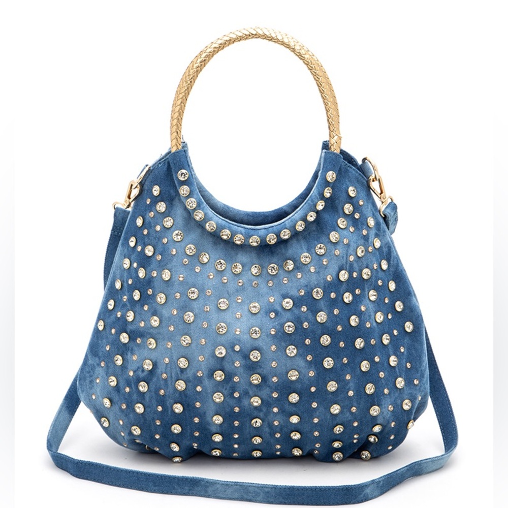Gold & Denim Blue Studded Top Handle Handbag - Picture 2 of 6